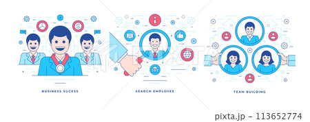 Vector illustrations of flat line banners with icons for website promoting business success and team building 113652774