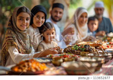 Eid al-Adha concept - A muslim family sitting around a festive table enjoying a meal together 113652877