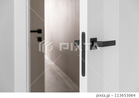 An open white door with a manual one in a renovated apartment. An open white door with a manual one in a renovated apartment. 113653064