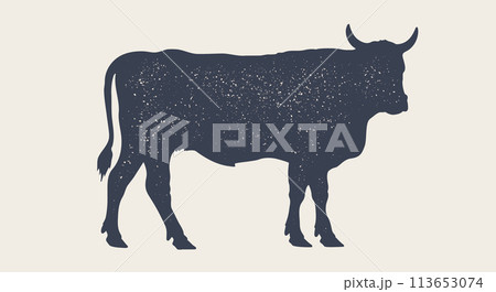 Cow, bull, beef. Vintage retro print, black white cow, bull, beef sketch ink pencil drawing, engrave old school. Sketch artwork silhouette cow bull. Side view profile beef bull. Vector Illustration 113653074