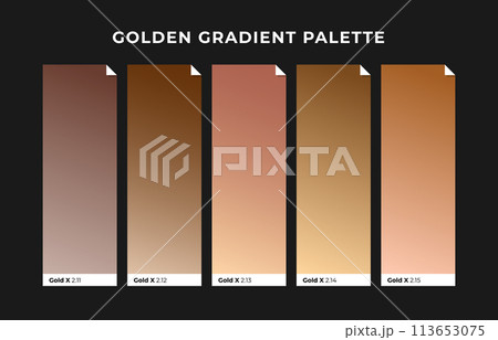 Golden color palette. Gold, copper, bronze gradient palette template. Collection palette of colorful metallic gradient illustrations for background, texture. Realistic gold metal. Vector illustration 113653075