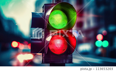 City Lights Symphony: Blurred Urban Background with Traffic Signal Glow - Generative AI 113653203