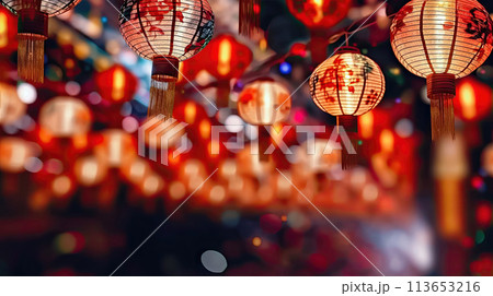 Colorful Chinese New Year Lanterns Lighting Up the Darkness - Generative AI 113653216
