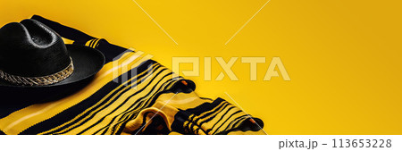 Mexican Festive Elements: Sombrero Hat and Poncho on Yellow Background - Generative AI Mexican Festive Elements: Sombrero Hat and Poncho on Yellow Background - Generative AI 113653228