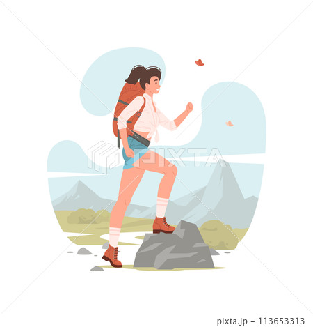 Female hiker with backpack travelling through countryside 113653313
