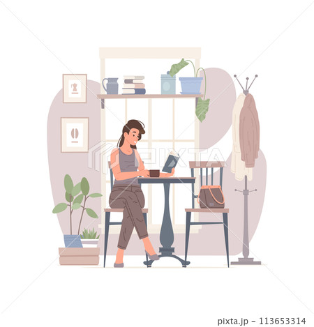 Woman reading interesting book in cozy cafe 113653314