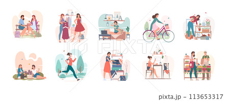 Ordinary day of young woman in city set of vector illustrations Ordinary day of young woman in city set of vector illustrations 113653317