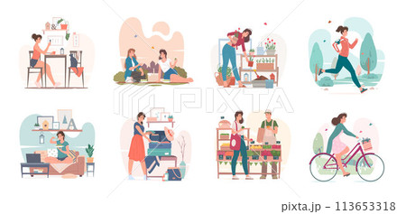 Everyday life of modern woman in city doing various activities vector illustration 113653318