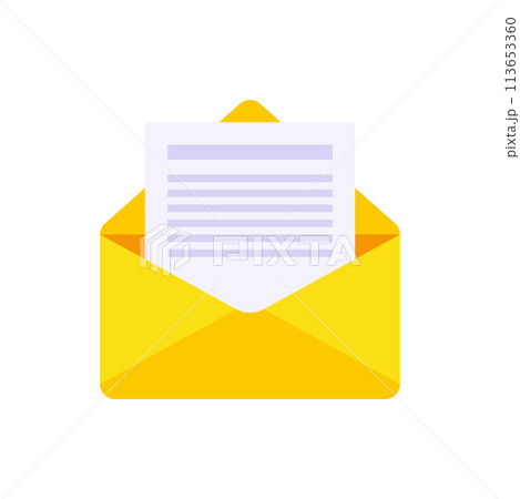 Open yellow paper envelope with letter document inside vector flat unpacking correspondence Open yellow paper envelope with letter document inside vector flat unpacking correspondence 113653360