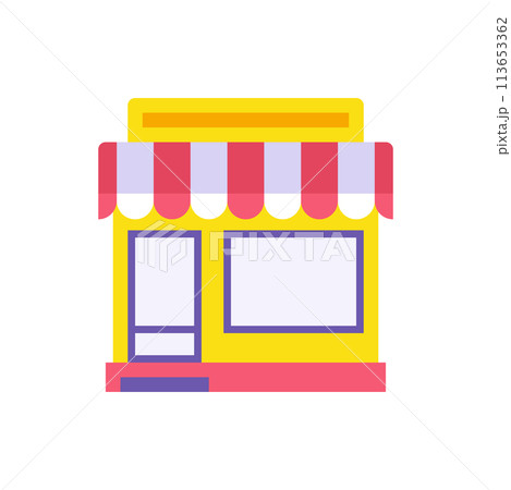 Exterior grocery store vendor tent building vector flat illustration. Facade urban supermarket 113653362