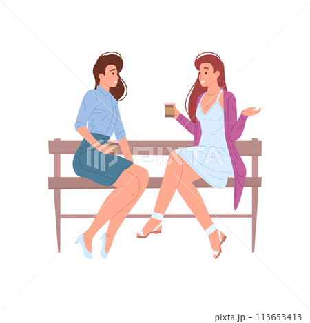 Two young modern woman talking drinking coffee sitting on bench outdoor enjoying friendship vector 113653413