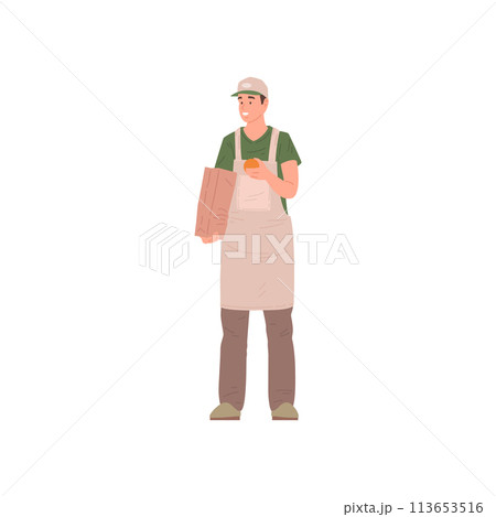Young male fruit vendor in uniform selling fruits packing in paper package vector flat illustration Young male fruit vendor in uniform selling fruits packing in paper package vector flat illustration 113653516