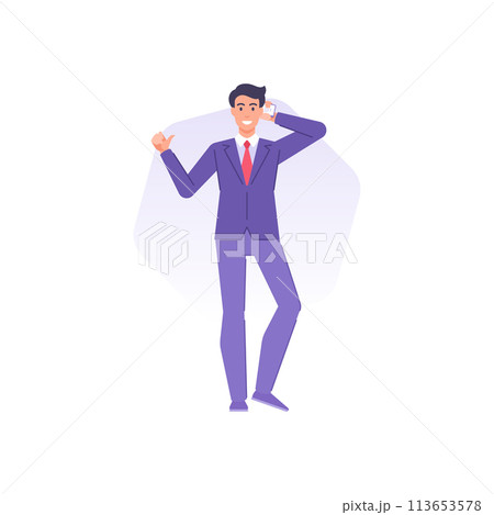 Cheerful male boss talking smartphone pointing thumbs up discussing successful business deal 113653578