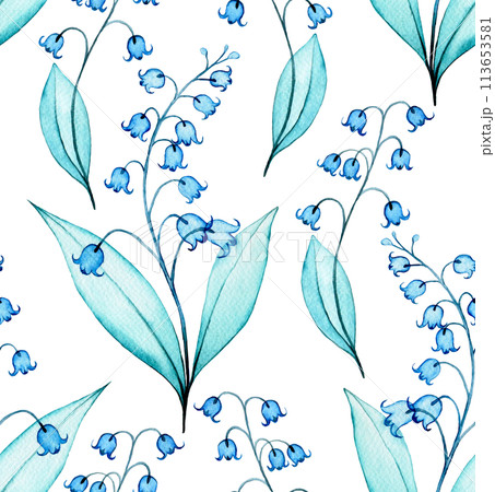 watercolor seamless pattern with transparent lily of the valley flowers. print with spring flowers, x-ray 113653581