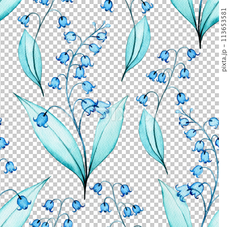 watercolor seamless pattern with transparent lily of the valley flowers. print with spring flowers, x-ray 113653581