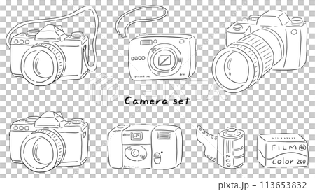 いろいろなカメラ、一眼レフ、使い捨てカメラ、デジカメ、フィルム、手描きのシンプルな線画イラストセット いろいろなカメラ、一眼レフ、使い捨てカメラ、デジカメ、フィルム、手描きのシンプルな線画イラストセット 113653832