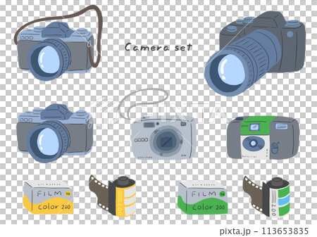 いろいろなカメラ、一眼レフ、使い捨てカメラ、デジカメ、フィルム、手描きのシンプルなイラストセット 113653835