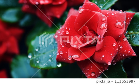 Dew kissed red camellias, radiating grandeur, AI Generated 113653997