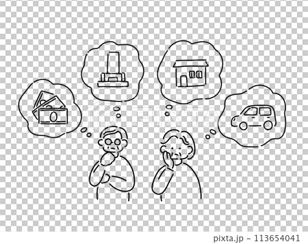 Illustration of a senior couple worried about inheritance Illustration of a senior couple worried about inheritance 113654041