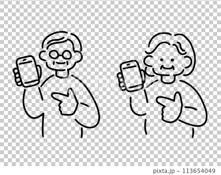 一對年長夫婦指著智慧型手機的插圖 113654049