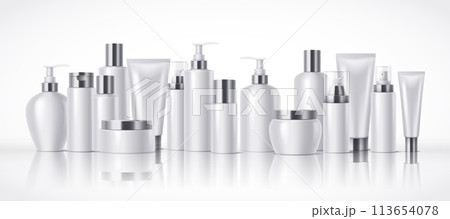 Cosmetics products containers with silver caps illustration Cosmetics products containers with silver caps illustration 113654078