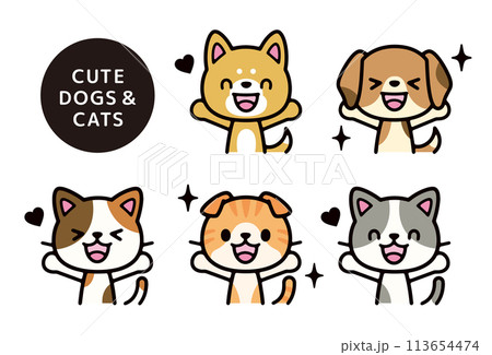 かわいい犬と猫が大喜びしてる上半身のイラストセット 113654474