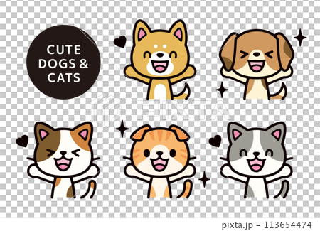 かわいい犬と猫が大喜びしてる上半身のイラストセット 113654474