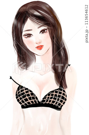 白いもち肌とロングの黒髪が美しいナイスバディな20代女性のイラストと