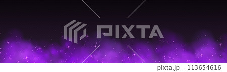 Purple magic smoke with stars and sparkles, fog with glowing particles, colorful vapor with star dust. 113654616