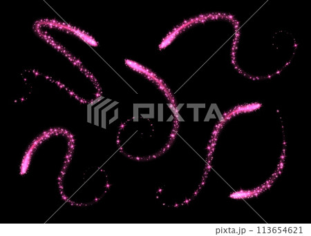 Magic swirls collection, pink light trails with sparkles, glowing light effect, shiny stardust isolated on black. 113654621