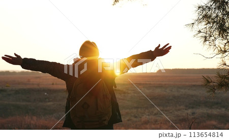 dreamy nature trip, sunset hike solitude, young adventurer rest, backpacker sunset mood, woodland travel woman, happy hiker dream, leisurely walker park, female sunset stroll, tranquility park hiking 113654814