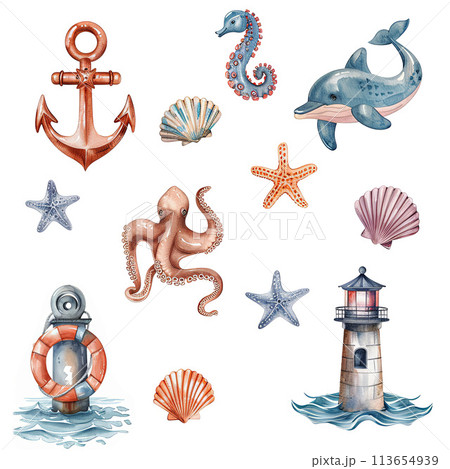 Adorable hand-drawn watercolor clipart set featuring marine items like anchors, lighthouses, and sea creatures in soft neutral tones. Adorable hand-drawn watercolor clipart set featuring marine items like anchors, lighthouses, and sea creatures in soft neutral tones. 113654939