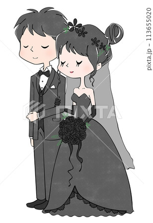 腕を組んでいる新郎新婦 黒いウェディングドレスのイラスト素材