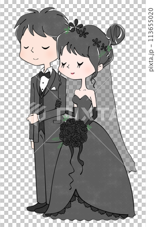 Bride and groom arm in arm in black wedding dress Bride and groom arm in arm in black wedding dress 113655020