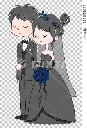 Bride and groom arm in arm in black wedding dress Bride and groom arm in arm in black wedding dress 113655021