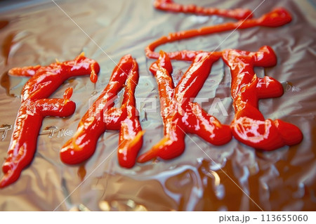 The word 'FAKE' is styled provocatively in ketchup 113655060