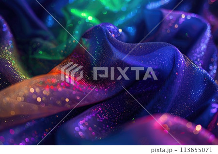 Neon pink and blue hues dance across a silk fabric landscape 113655071