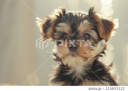 A tiny Yorkshire Terrier puppy with glossy eyes and shimmering fur A tiny Yorkshire Terrier puppy with glossy eyes and shimmering fur 113655121