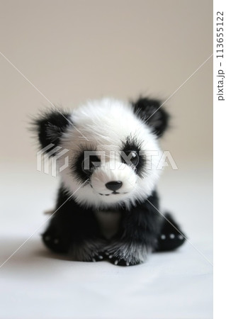 A baby panda bear toy, curious gaze A baby panda bear toy, curious gaze 113655122