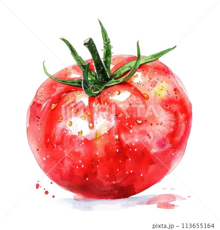 A ripe and shiny tomato is exquisitely painted in watercolor 113655164
