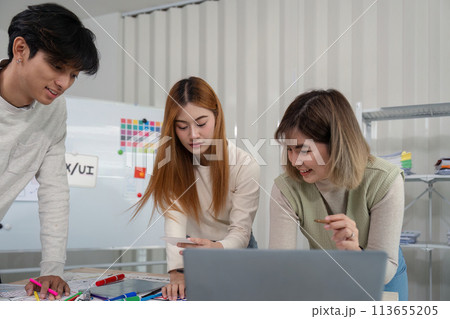 Brainstorm team of creative web graphic designer planning. Creative designers present ux ui to team. Designers team working meeting in office 113655205