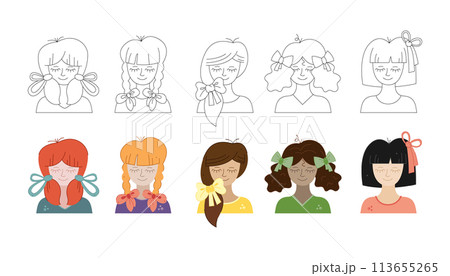 Set with 10 girls with hairstyles and hair bows. Black, white and color doodle vector illustration. 113655265