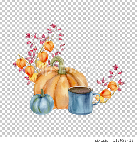 Autumn floral clip art with orange big pumpkin, blue tea cup and dark small pumpkin. Branches, autumn flowers and berries decoration. Cozy warm fall frame 113655413