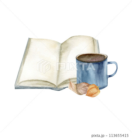Opened book with blue metal cup of coffee and leaves watercolor composition. Hand drawn cozy fall clip art for home, harvest season, thanksgiving greeting card design 113655415