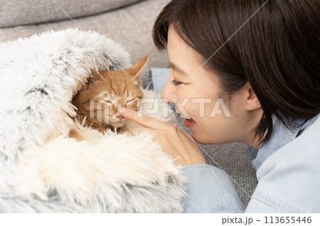 茶トラの仔猫の鼻に触れる女性 113655446