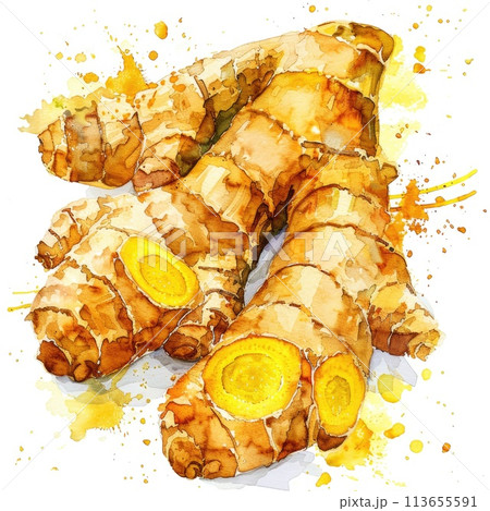 A warm and inviting watercolor illustration of ginger root with golden splashes 113655591