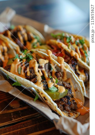 Delicious Cheese-Topped Beef Tacos with Fresh Tomato Salsa 113655627