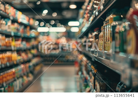 Supermarket Aisles with Colorful Products in Soft Focus Background 113655641