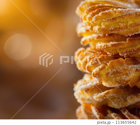 Delicious Freshly Made Churros Coated with Sugar Close-Up 113655642