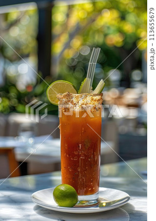 A richly garnished spicy Michelada cocktail with a salted rim 113655679